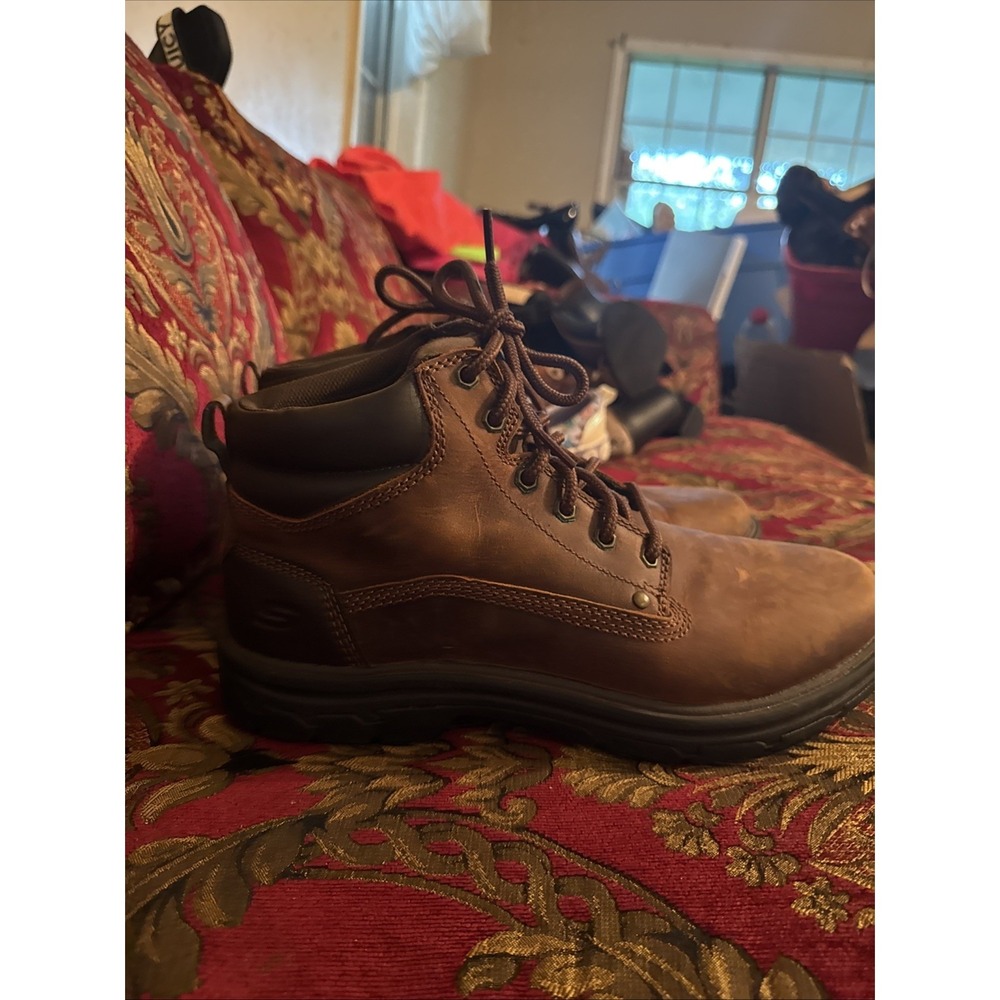 Skechers Men's Brown Leather Lace Up Work Boots Ankle Round Toe Rubber Sole 9.5